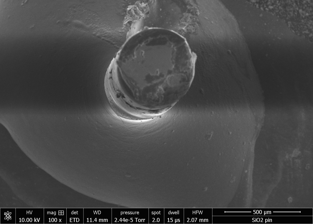 Electron microscope photo of fiber optic pin.